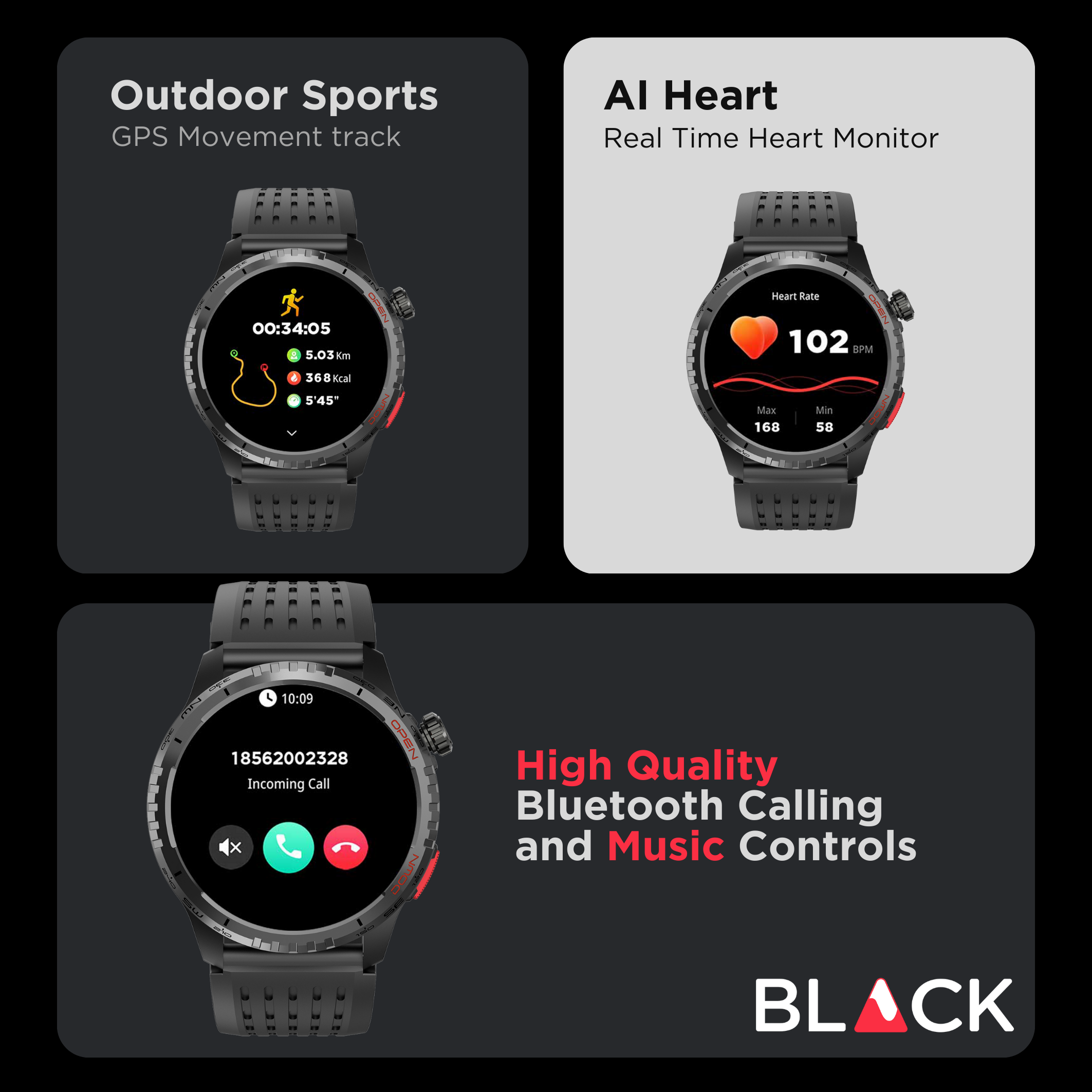 BLACK Fit X GPS Waterproof Health Monitor Smartwatch, Upto 15 Day battery, AMOLED Always ON screen, 1Yr Warranty BLACK Fit X GPS Waterproof Health Monitor Smartwatch, Upto 15 Day battery, AMOLED Always ON screen, 1Yr Warranty